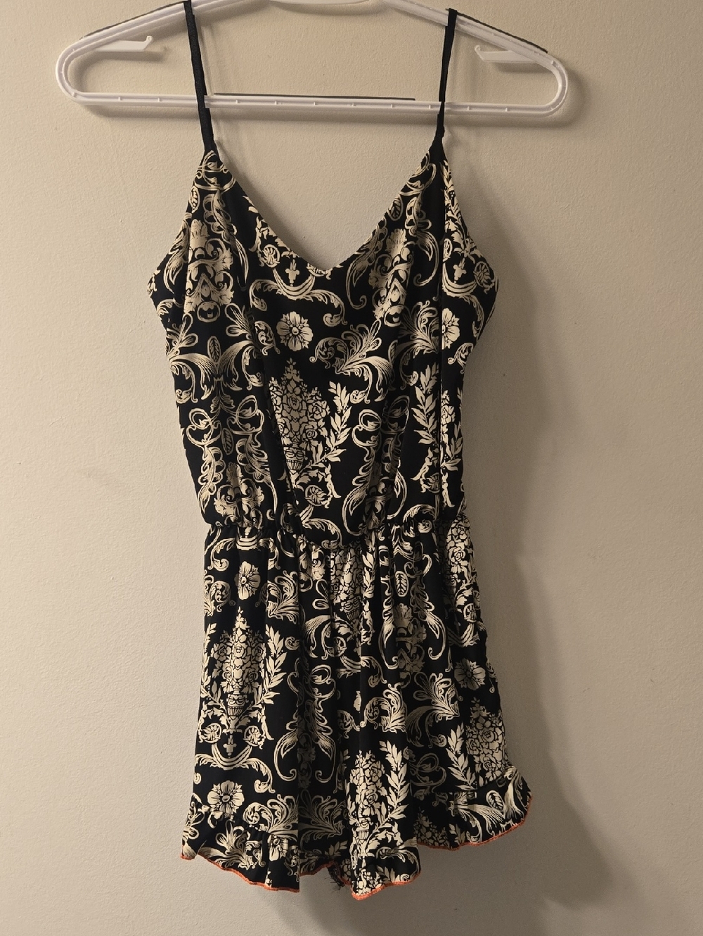 Sage Black and Cream Floral Lace-Print Romper with V-Neck